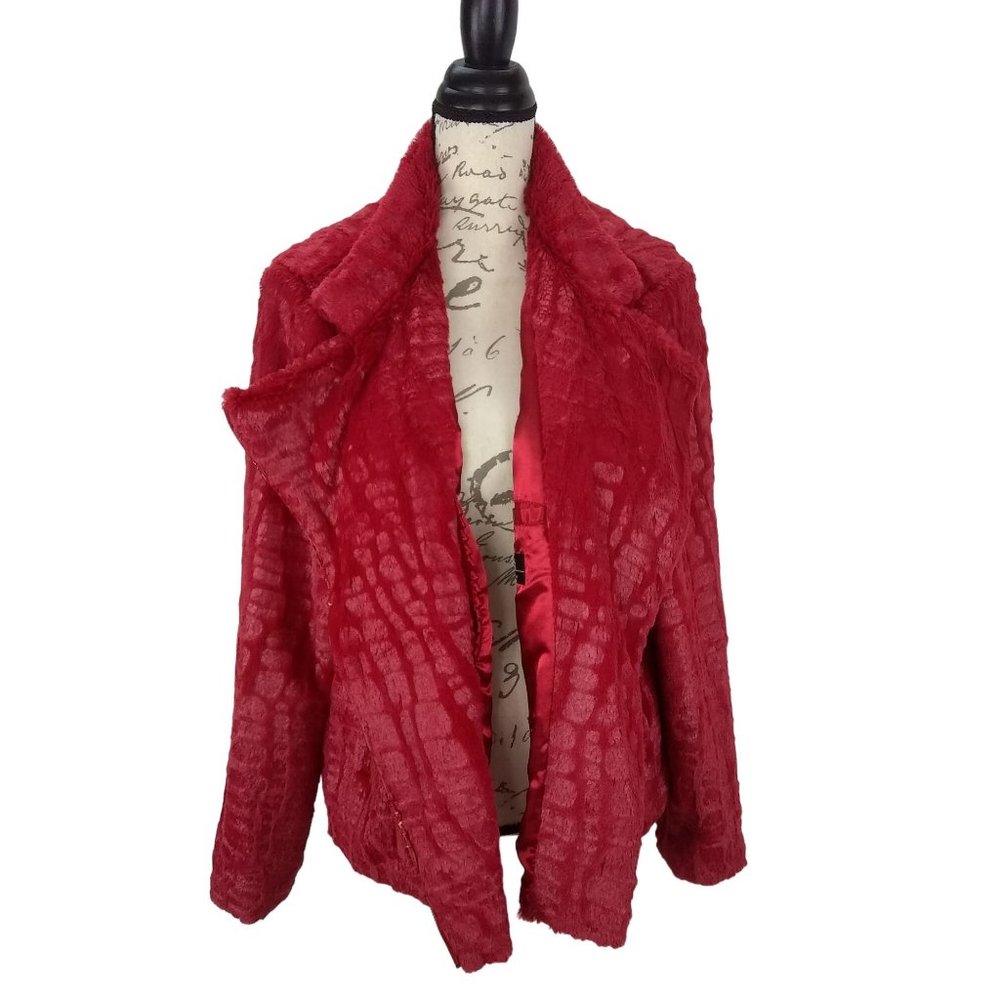 Adrienne Landau Red Faux Fur Asymetrical zipper Jacket Measures Large FLAW READ
